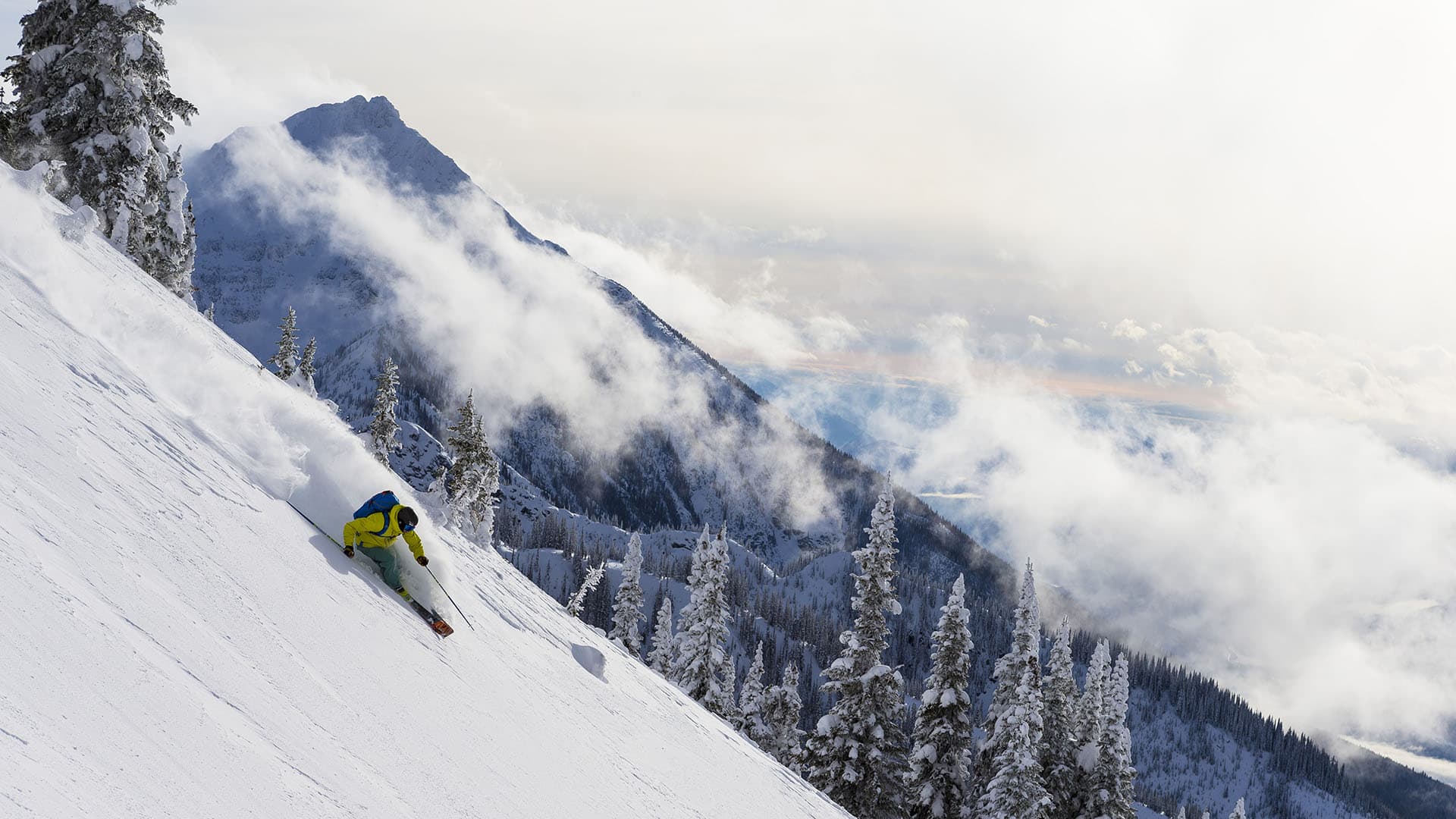 Skiing down a steep run at Revelstoke, which has the highest vertical of any resort in North America