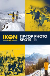 Tip-Top Photo Spots Pinterest pin promoting the best places at Ikon Pass destinations to take a selfie (with yellow and blue duotone images)