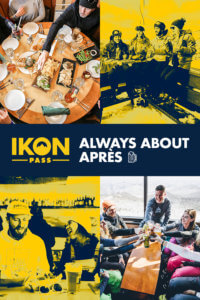 Always About Après - Pinterest pin of best après spots at Ikon Pass destinations (with yellow and blue duotones)