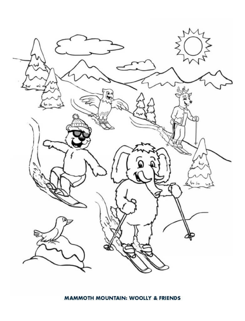 Woolly and Friends skiing at Mammoth Mountain coloring page