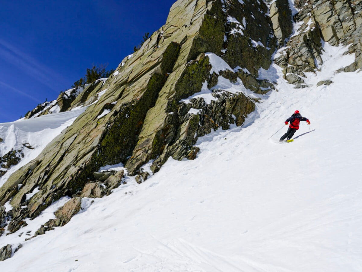 Skier on advanced, rocky terrain at Big Sky Resort