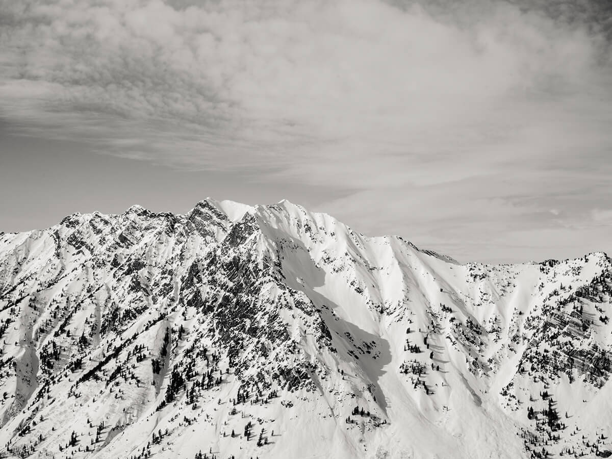 Black and white photo of the peaks at Snowbird