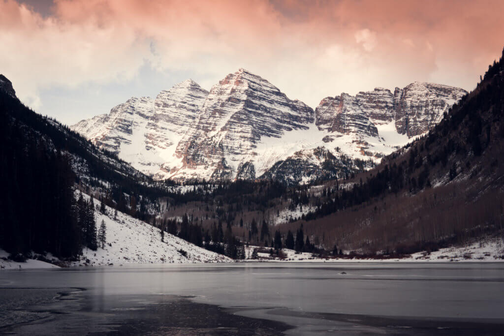 View of the Maroon Bells on a partly cloudy day