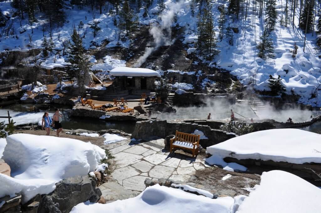 Hot springs in a winter mountain setting