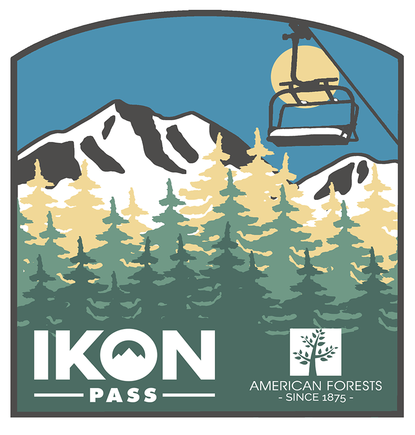 Shred for Sustainability commemorative patch design. Illustration of a mountain scene and a chairlift floating over a forest of trees.