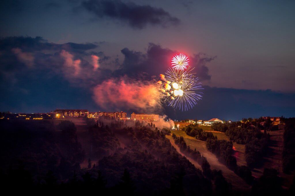 Fireworks show over a mountain resort during summer events