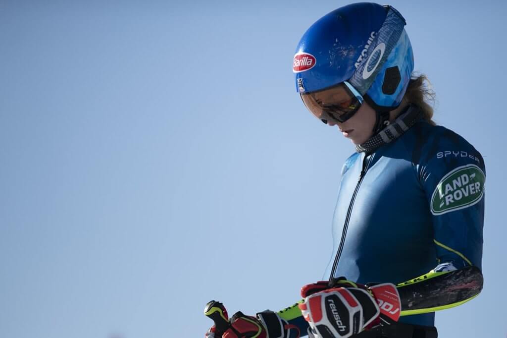 Professional skier Mikaela Shiffrin preparing to race down a ski slope