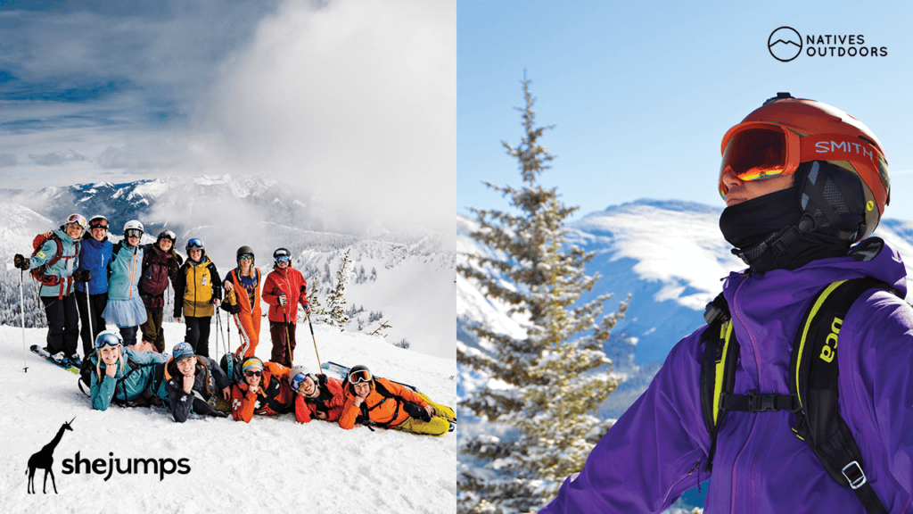 Split image. Photo on the left features a group of women in ski gear on top of a snowy slope with the mountains in the background. Image on the right shows a close up of a man in a purple ski jacket and orange helmet and ski goggles with a green pine tree and mountain peak behind him.