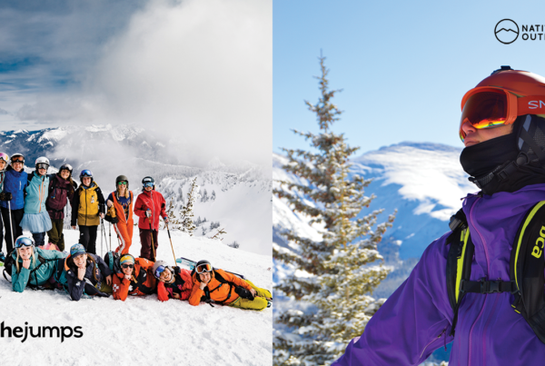 Split image. Photo on the left features a group of women in ski gear on top of a snowy slope with the mountains in the background. Image on the right shows a close up of a man in a purple ski jacket and orange helmet and ski goggles with a green pine tree and mountain peak behind him.
