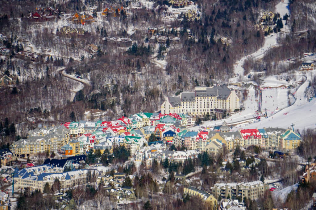 Aerial view of the snowy village at Mont Tremblant