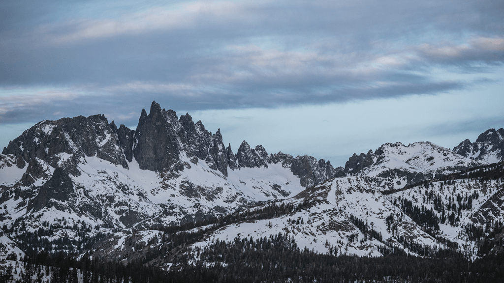 Scenic view of the Minarets mountain peaks at dusk