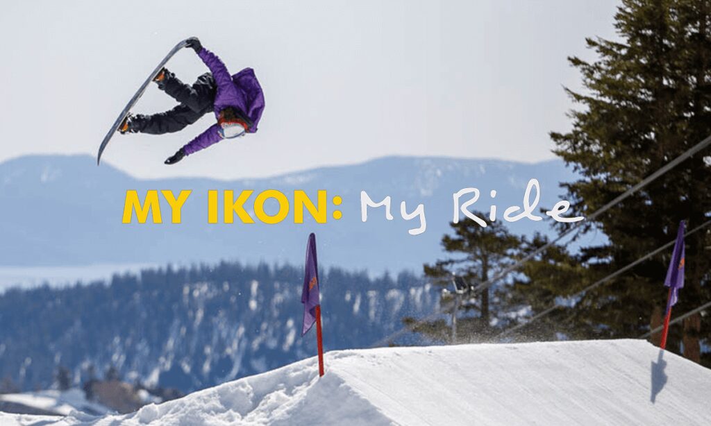 Snowboardering performing a flip off a large jump. Overlay text reads: My Ikon: My Ride