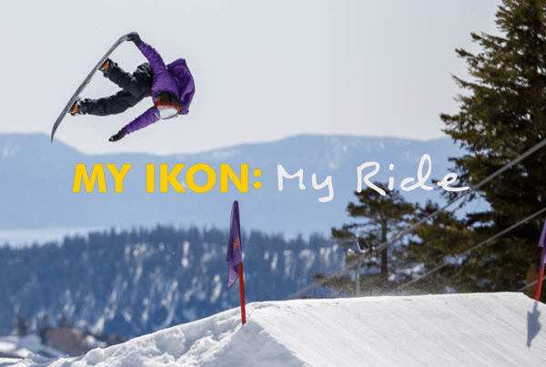 Snowboardering performing a flip off a large jump. Overlay text reads: My Ikon: My Ride