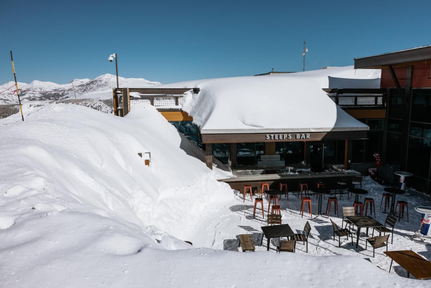 Snow piled high on the roof of a mountain restaurant