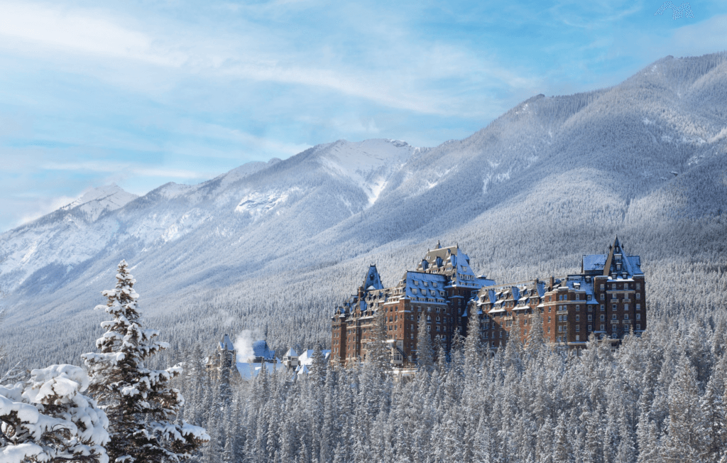 Aerial view of Banff Springs Hotel during the winter.