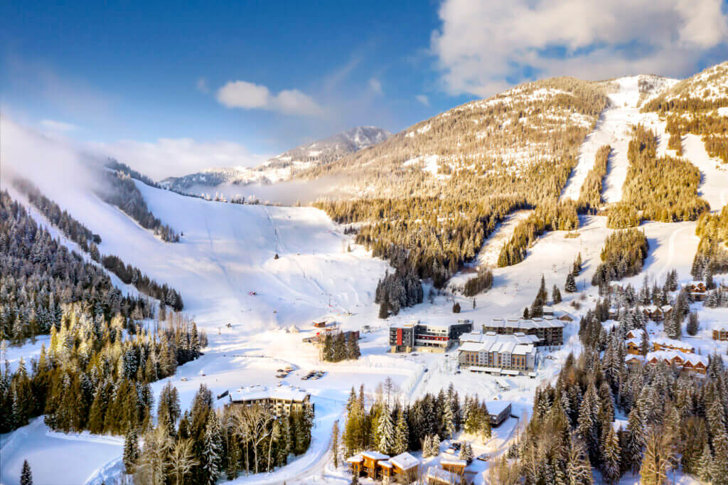 Aerial view of rental properties at the base of RED Mountain.