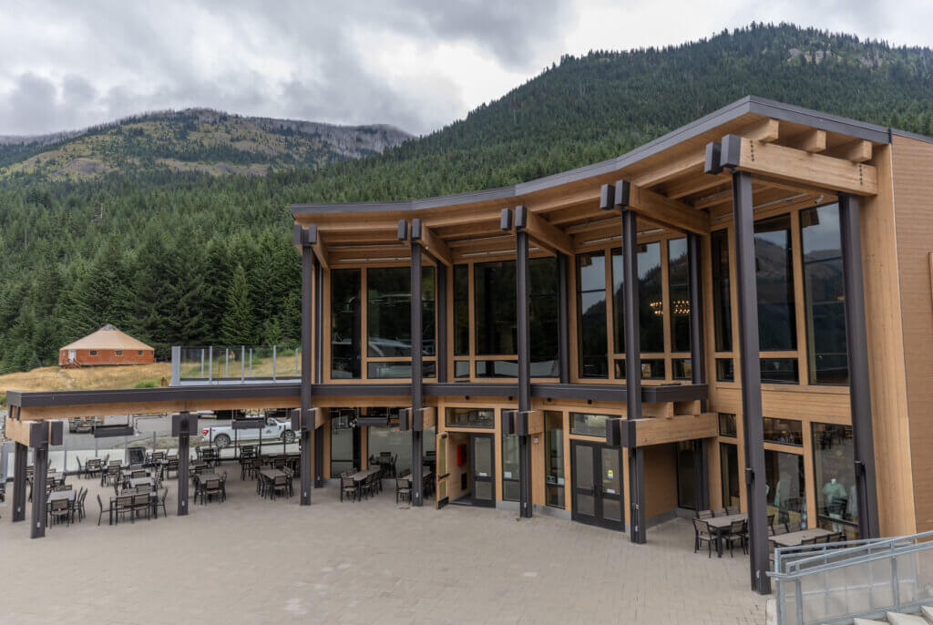 Exterior of Crystal Mountain’s new Mountain Commons Lodge.