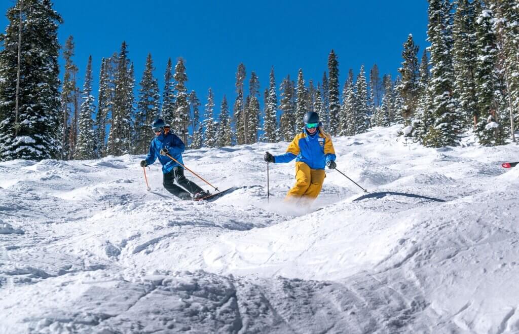 Instructor and skier decent a hill.