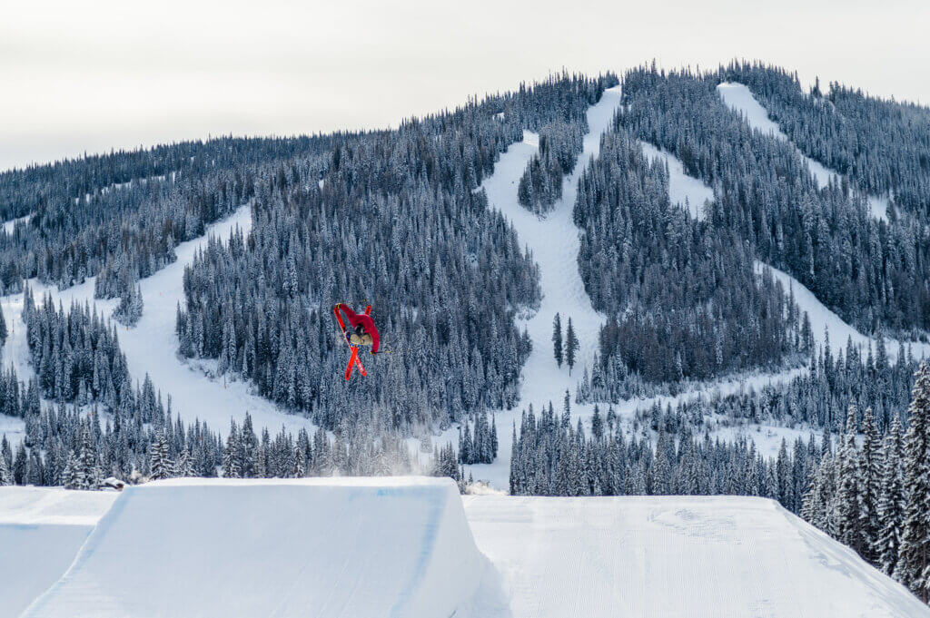 Terrain park at a snowy ski resort.