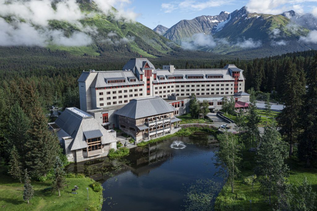 Resort in the mountains next to a small lake