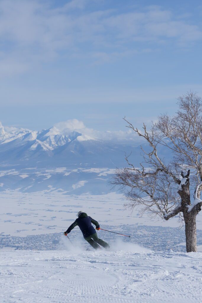 Picture from behind of person skiing at Furano