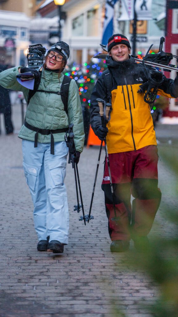 Two friends walking through Stratton's village.