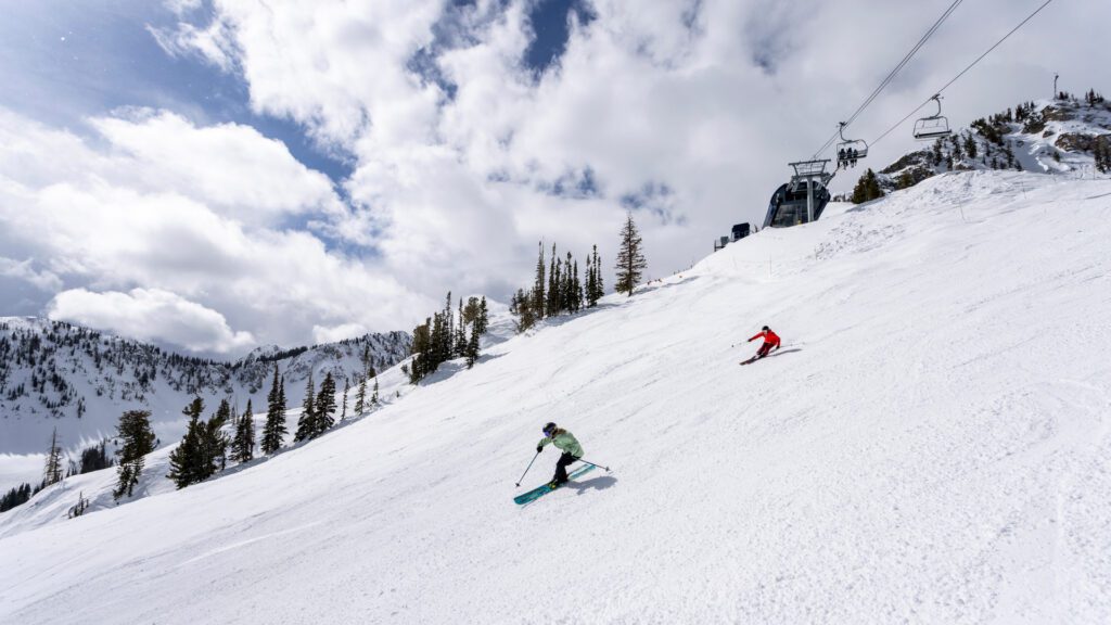View of two skiers at Solitude
