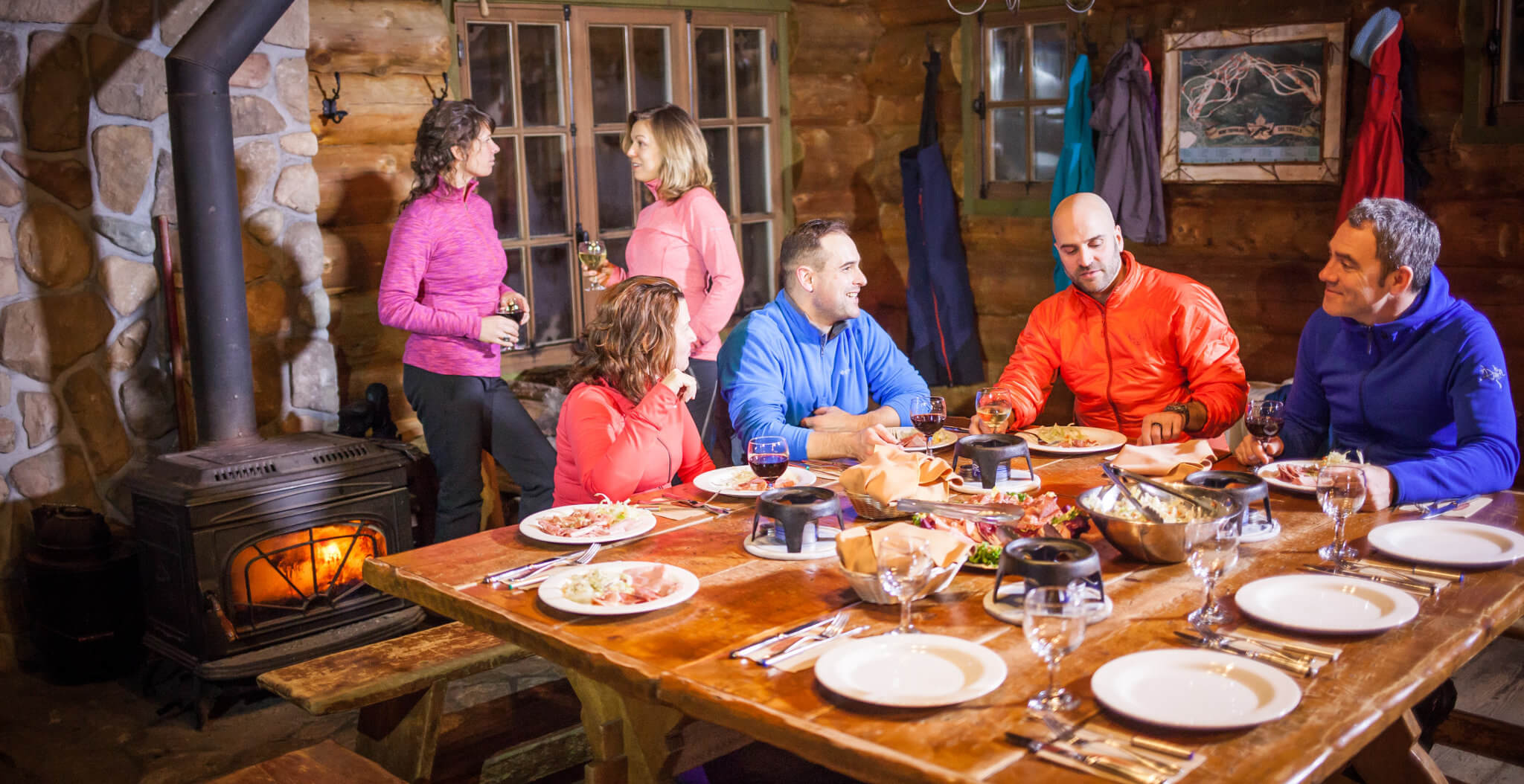 Groups of friends enjoying a Quebec specialty known as Raquette.