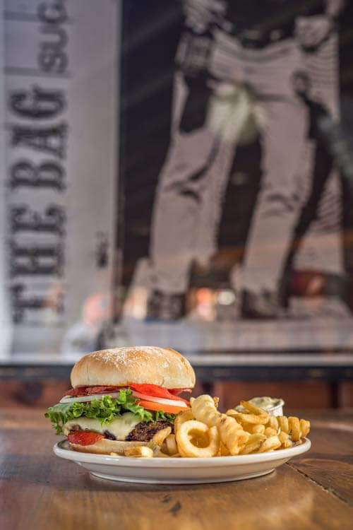 Picture of the famous burger at Bag & Kettle at Sugarloaf ski resort