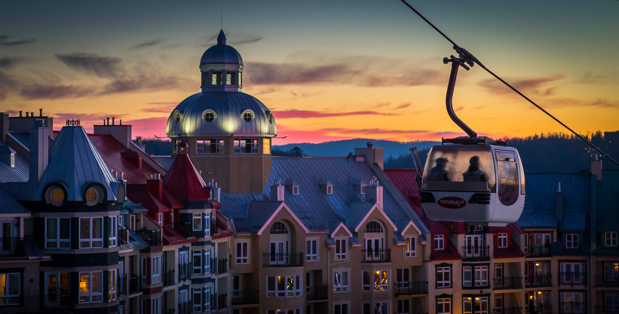 Tremblant gondola overlooking the European-style village at sunset